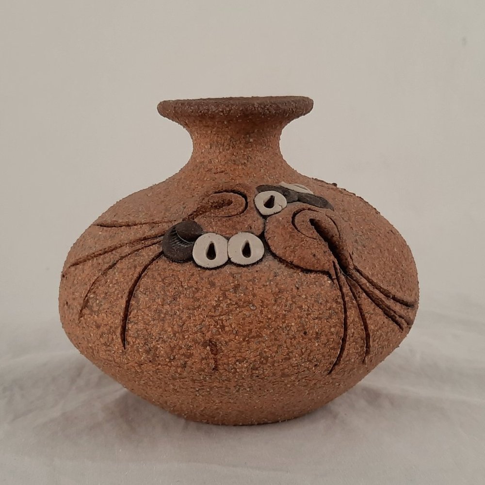 Carma Handcrafted Signed Sand Pottery Vase Applied Abstract Design Oil Diffuser